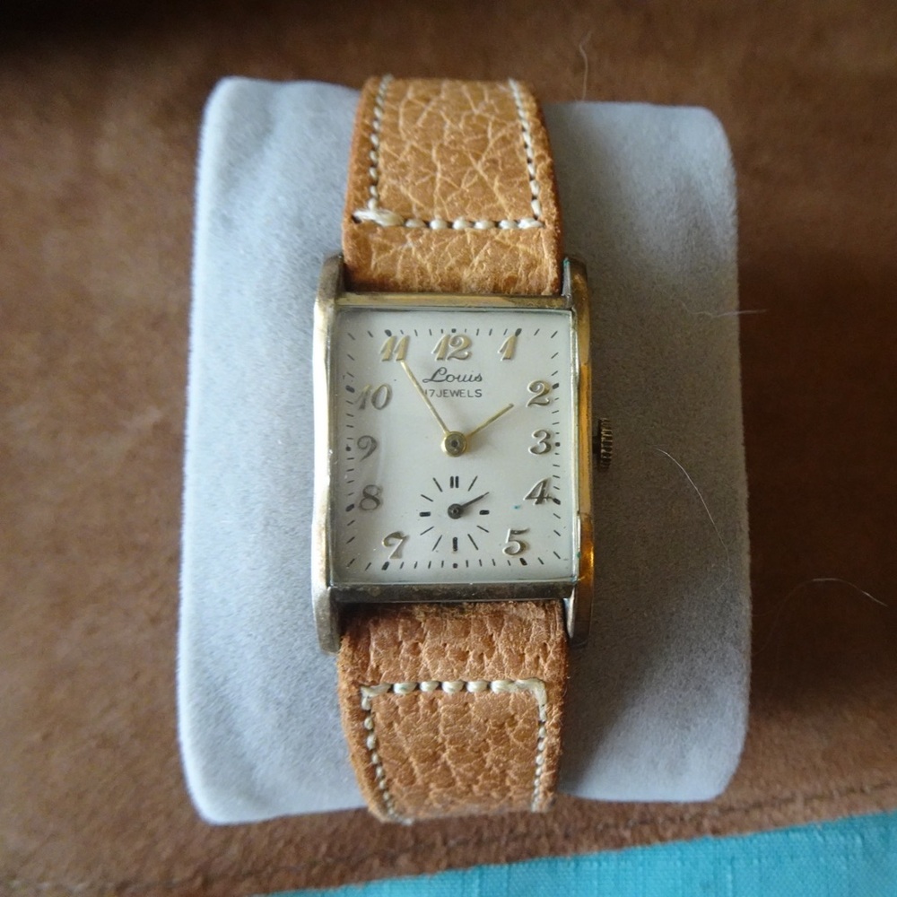 Vintage Louis 17 Jewel Tan and Gold Watch with Leather Strap
